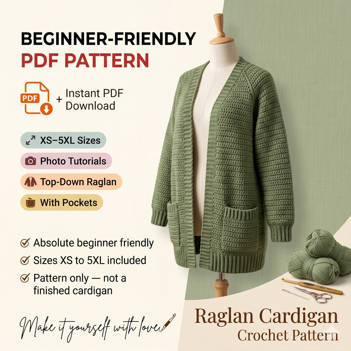 Beginner Crochet Cardigan Pattern PDF | Easy Oversized Raglan Cardigan | Step-by-Step Tutorial | XS–5XL