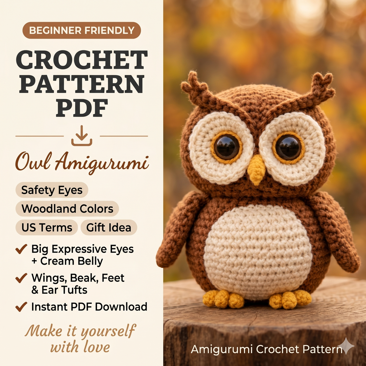 Owl Amigurumi Crochet Pattern PDF, Woodland Owl Plush Tutorial, Digital Download
