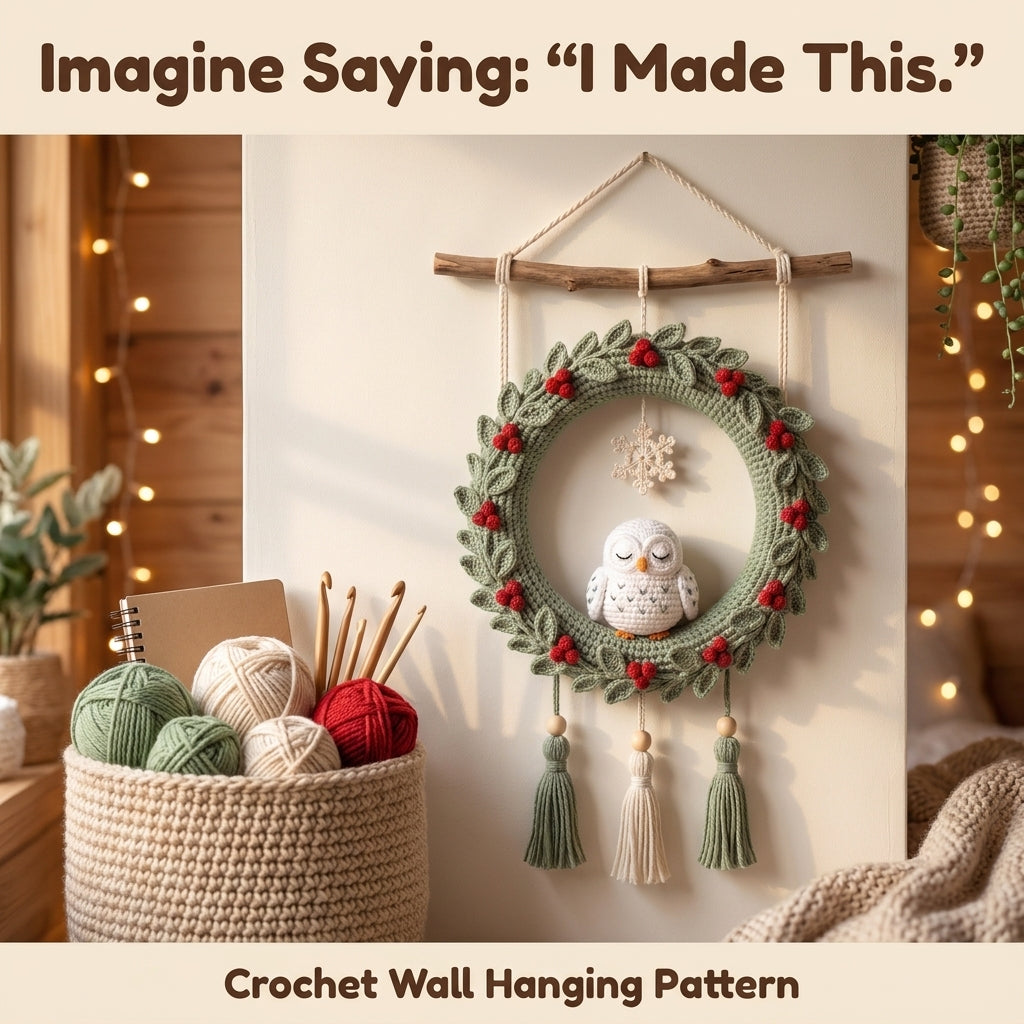 Crochet Wreath Wall Hanging Pattern – Sleeping Snowy Owl with Holly Berries