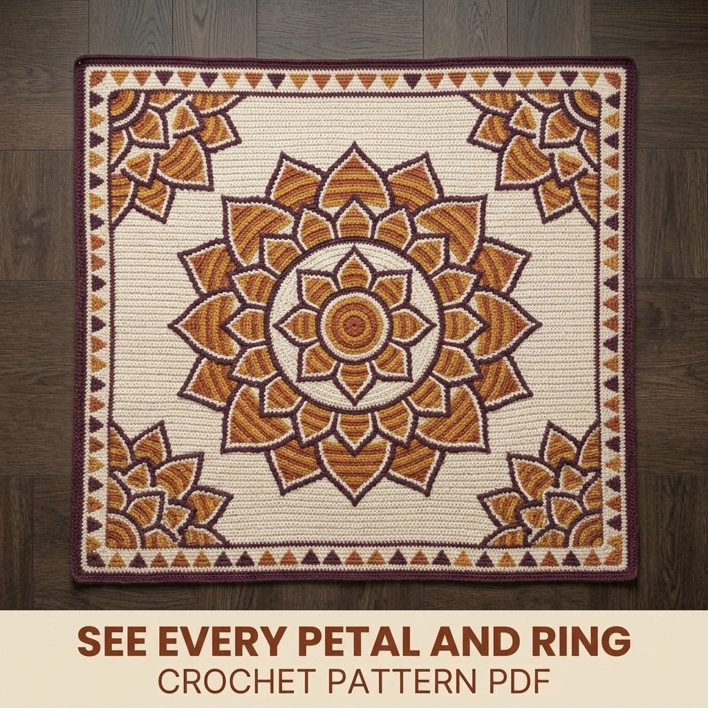 Lotus Mandala Tapestry Crochet Blanket Pattern PDF – Floral Throw in Mustard, Orange and Plum