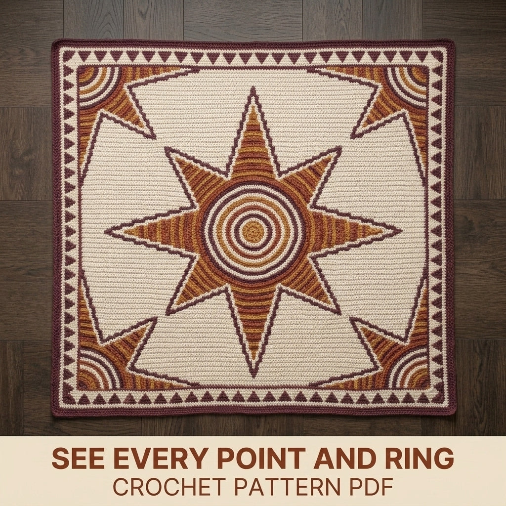 Sun Star Tapestry Crochet Blanket Pattern PDF – Celestial Throw in Mustard, Orange and Plum