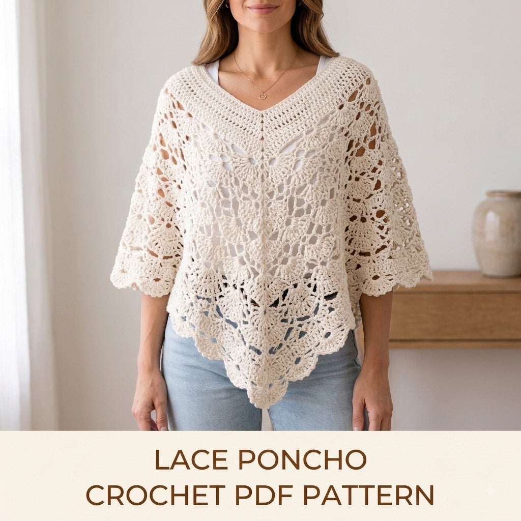 Lace Poncho Crochet Pattern PDF – V-Neck Fan Lace Poncho with Scalloped Hem