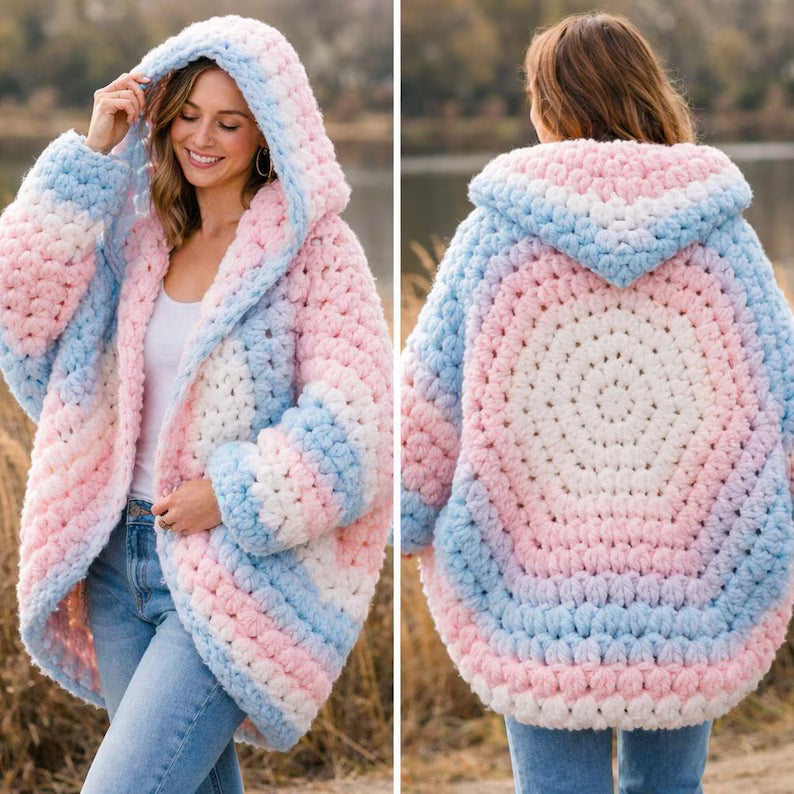 Pastel Hexi Cardigan Crochet Pattern | Chunky Oversized Hooded Sweater Tutorial (PDF)