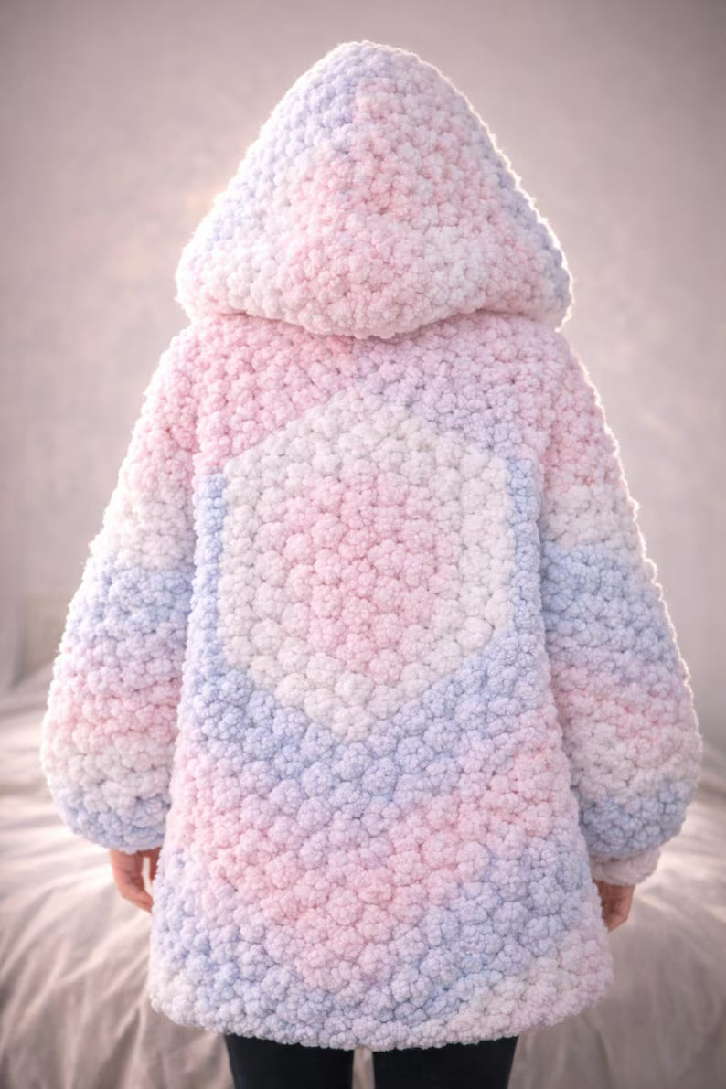 Pastel Hexi Cardigan Crochet Pattern | Chunky Oversized Hooded Sweater Tutorial (PDF)