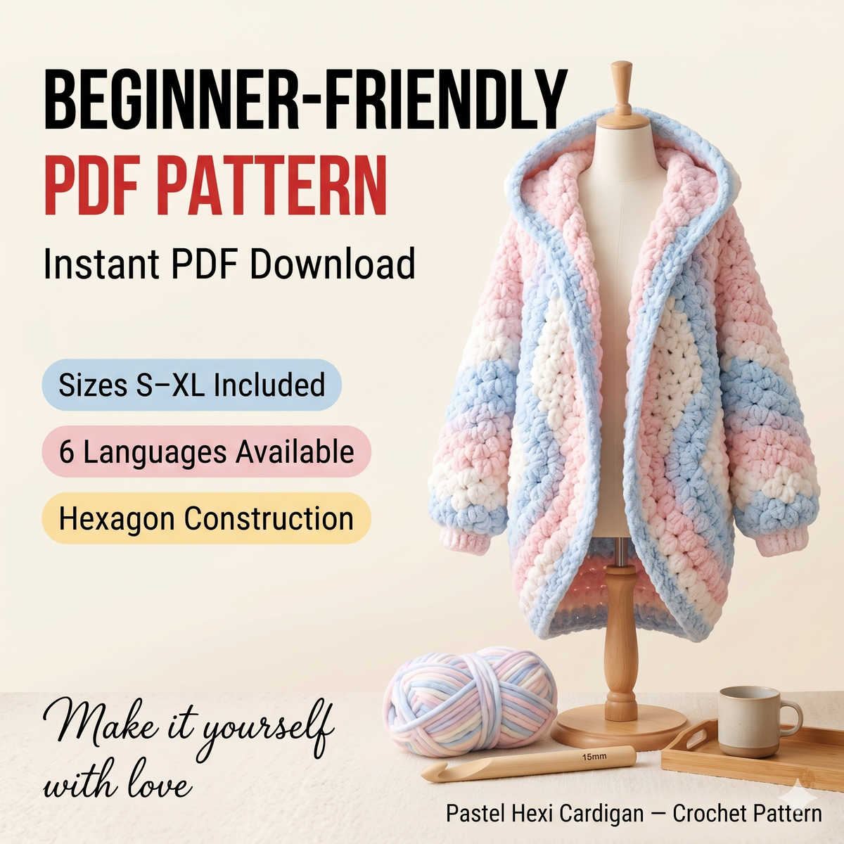 Pastel Hexi Cardigan Crochet Pattern | Chunky Oversized Hooded Sweater Tutorial (PDF)