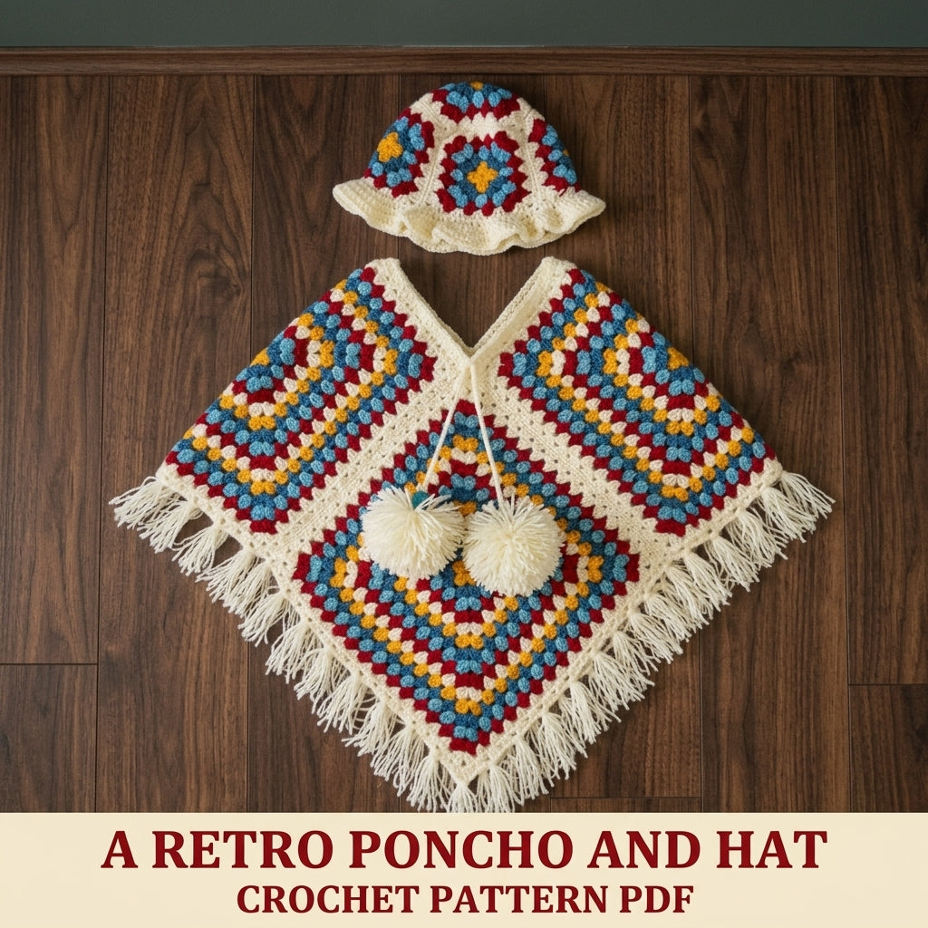 Granny Poncho and Hat Set Crochet Pattern PDF – Kids Retro Poncho with Fringe
