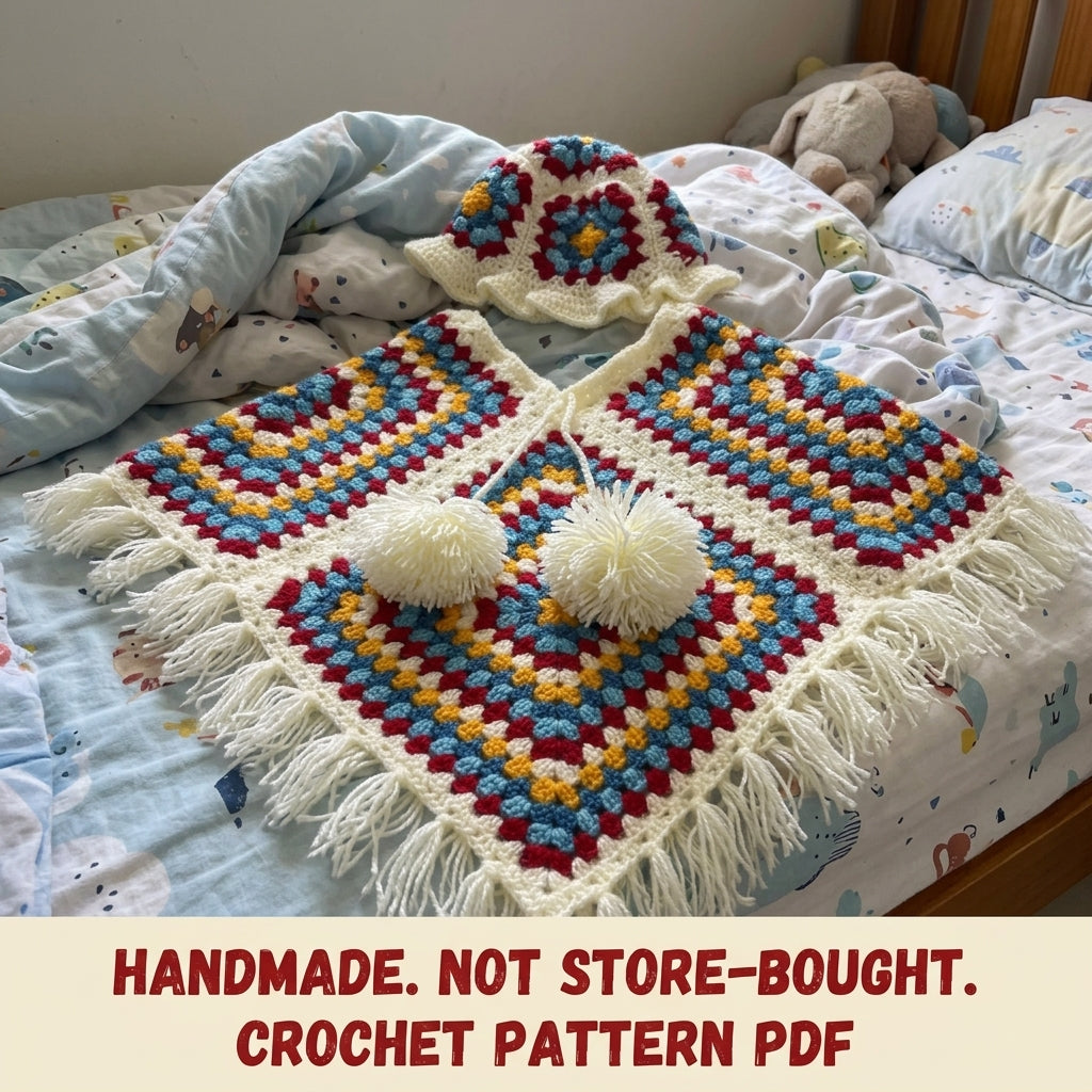 Granny Poncho and Hat Set Crochet Pattern PDF – Kids Retro Poncho with Fringe