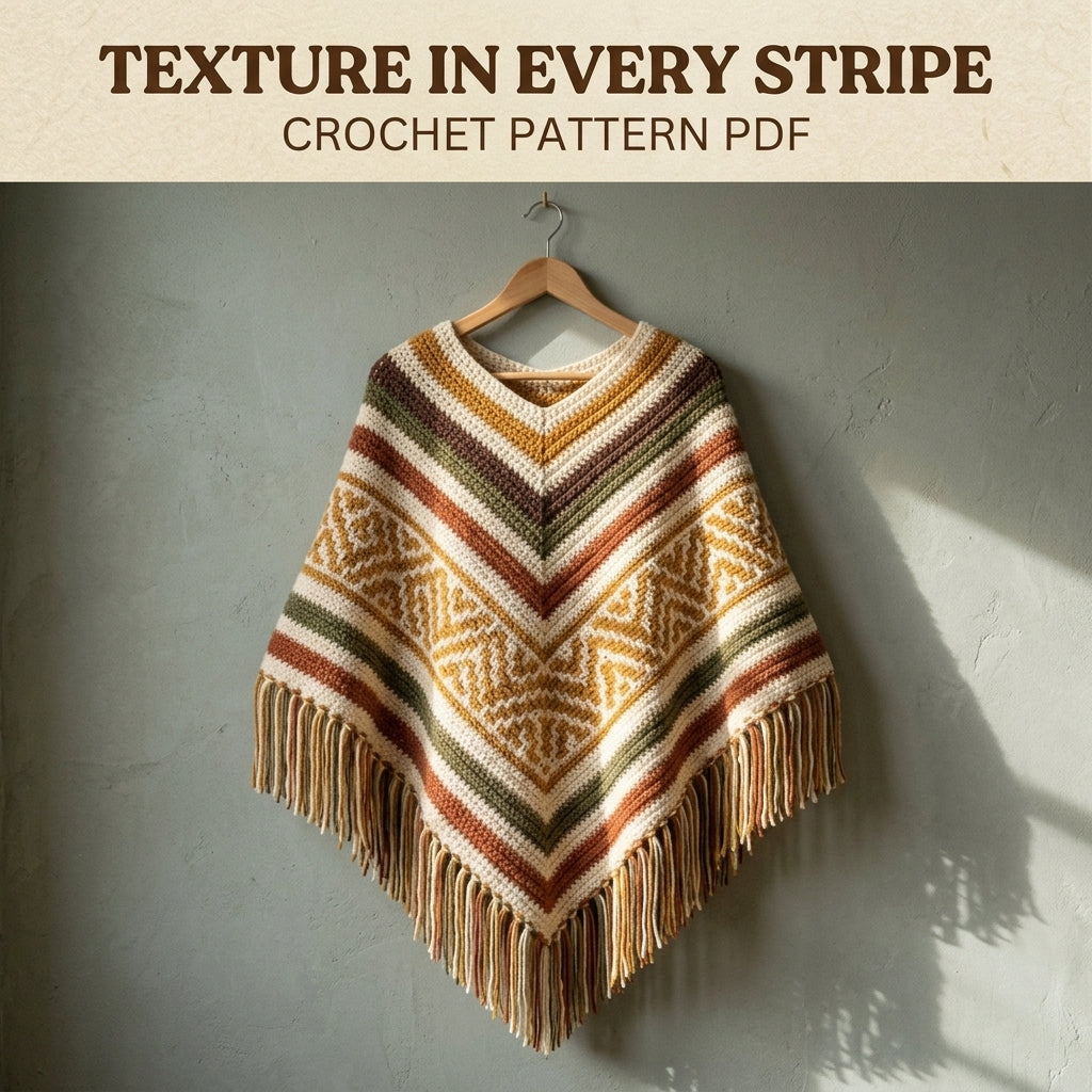 Harvest Mosaic Poncho Crochet Pattern PDF – Boho Fringe Poncho with Mosaic Colourwork Band
