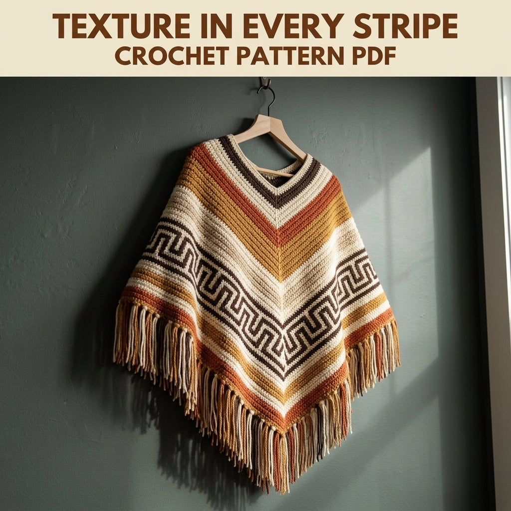 Greek Key Poncho Crochet Pattern PDF – Boho Fringe Poncho with Colourwork Band