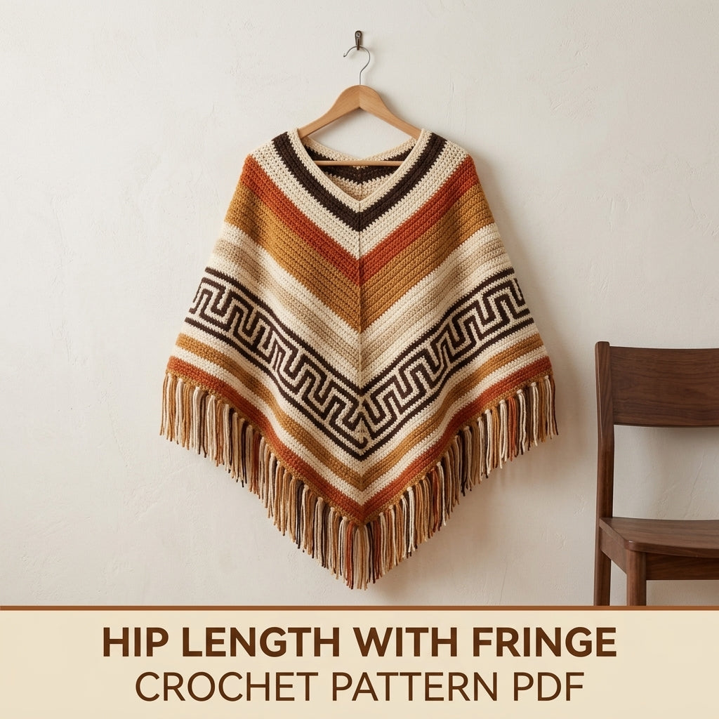 Greek Key Poncho Crochet Pattern PDF – Boho Fringe Poncho with Colourwork Band