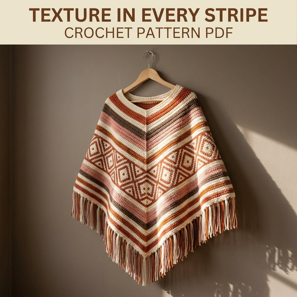 Terracotta Diamond Poncho Crochet Pattern PDF – Boho Fringe Poncho with Mosaic Colourwork Band