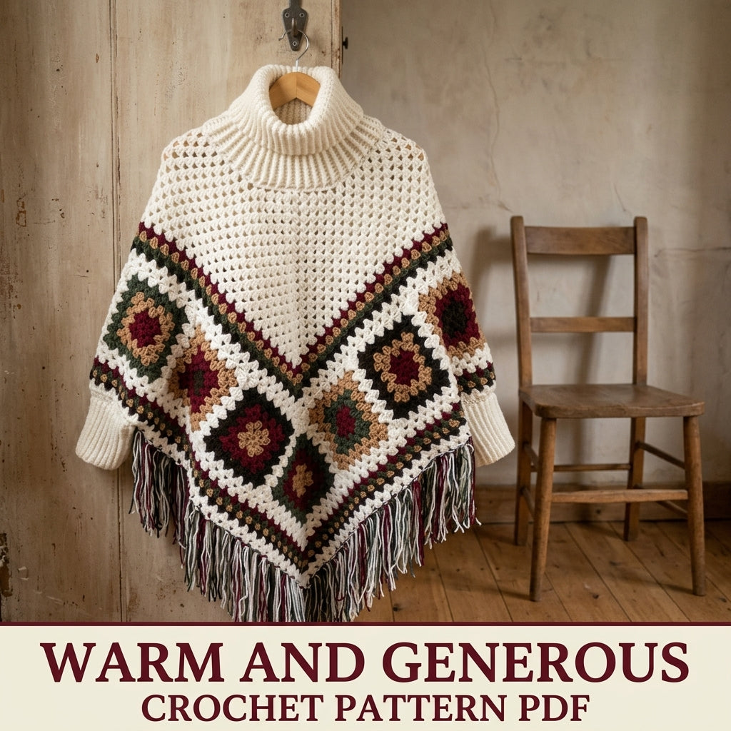 Turtleneck Granny Poncho Crochet Pattern PDF – Women's Poncho with Sleeves and Fringe