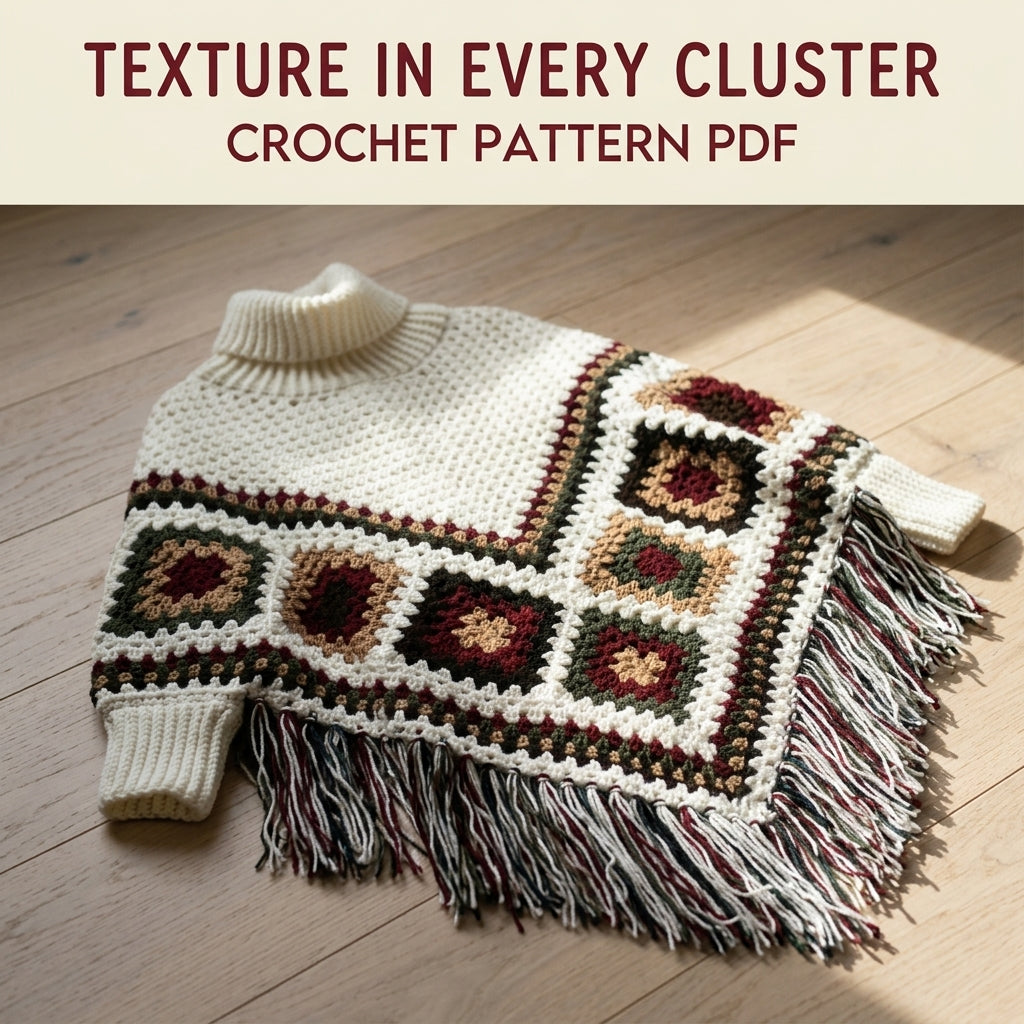 Turtleneck Granny Poncho Crochet Pattern PDF – Women's Poncho with Sleeves and Fringe