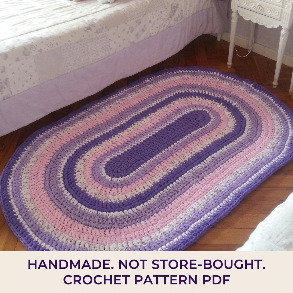 Lilac Oval Stripe Rug Crochet Pattern PDF – Purple T-Shirt Yarn Rug