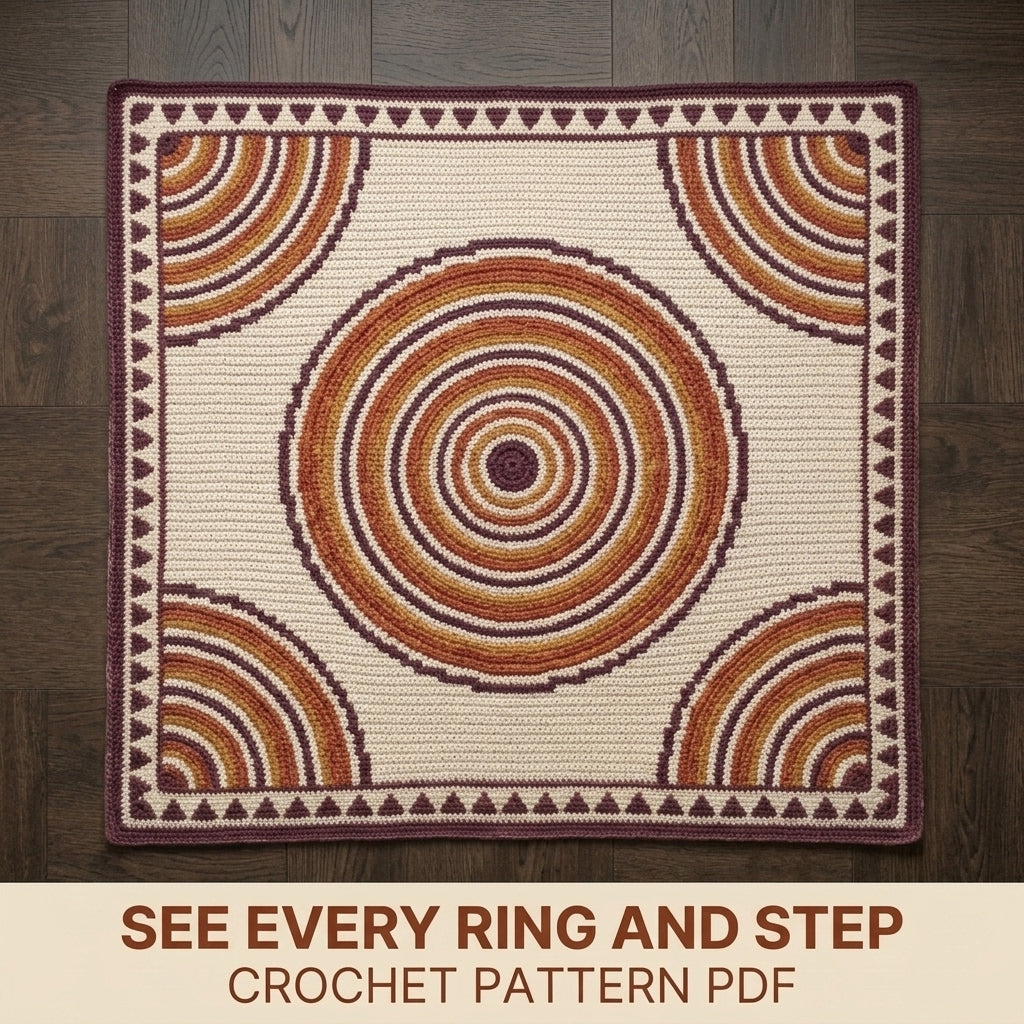 Ripple Rings Tapestry Crochet Blanket Pattern PDF – Concentric Circle Throw in Plum, Orange and Mustard