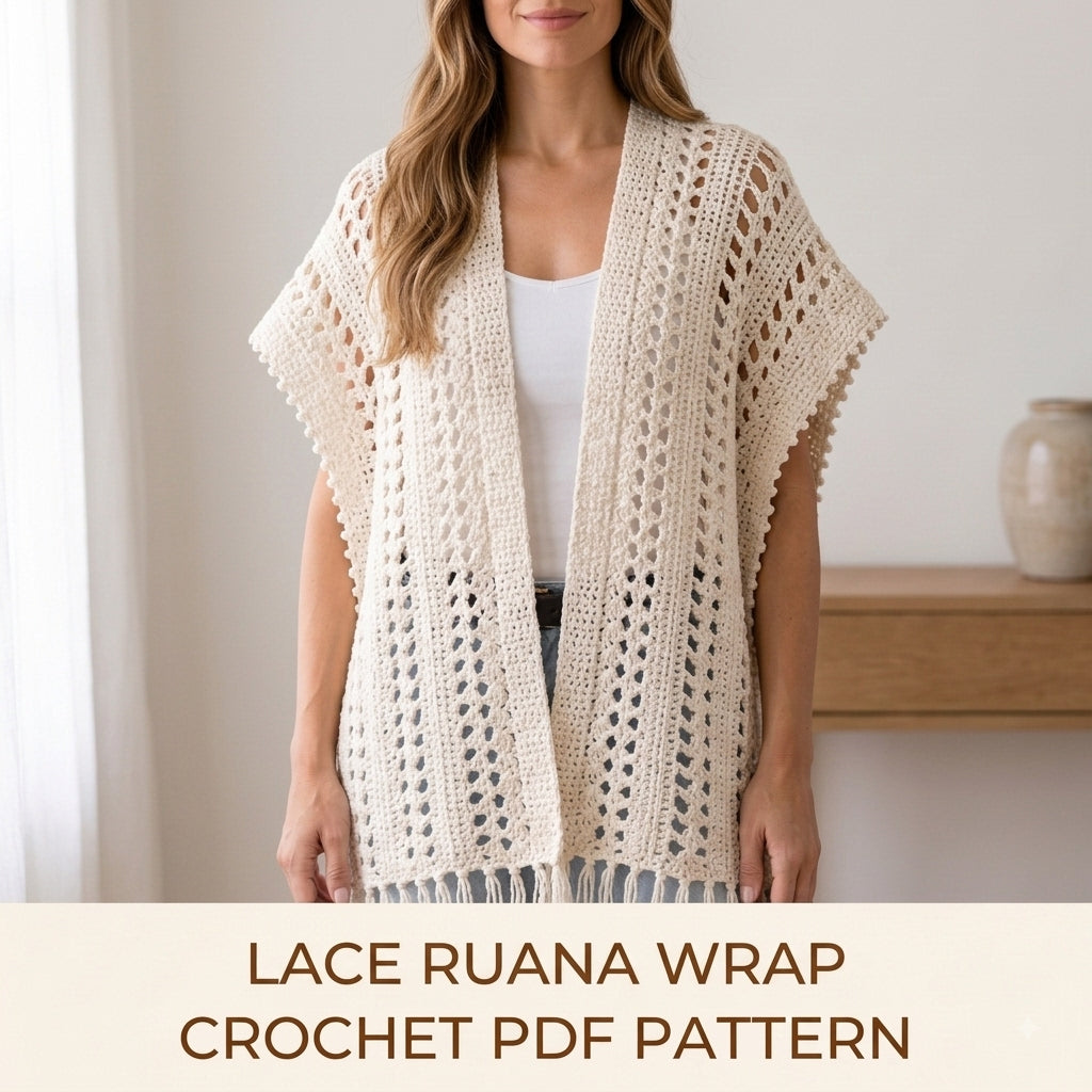 Lace Ruana Wrap Crochet Pattern PDF – Open Front Lace Wrap with Fringe
