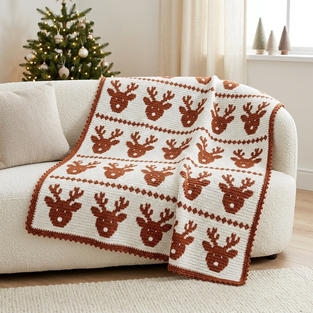 Reindeer Crochet Blanket Pattern PDF – Christmas Tapestry Crochet Throw in Copper and White