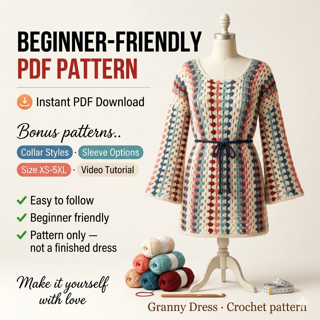 CROCHET PATTERN & VIDEO Granny Dress Pattern | xs-5xl (30-62" Chest) | Retro Crochet Dress Pattern with Granny Stitch | Instant Download