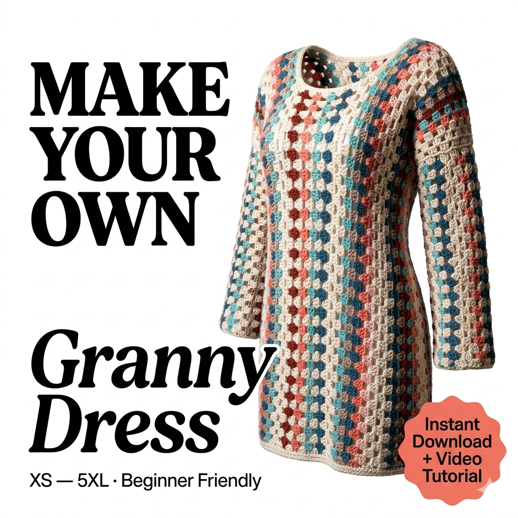 CROCHET PATTERN & VIDEO Granny Dress Pattern | xs-5xl (30-62" Chest) | Retro Crochet Dress Pattern with Granny Stitch | Instant Download