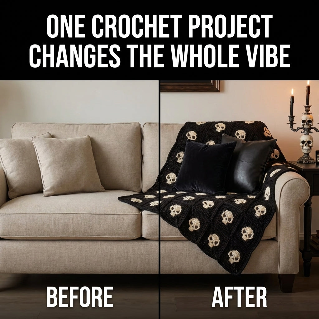 Skull Granny Square Blanket Crochet Pattern — Black and Cream Gothic Throw, 4 Sizes, US Terms, PDF Download