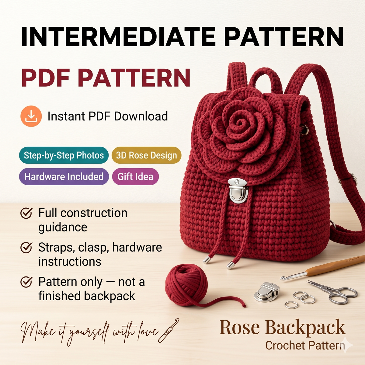 Crochet Rose Backpack Pattern | DIY Handmade Backpack | Crochet Rose Bag Tutorial | Instant Download Pattern