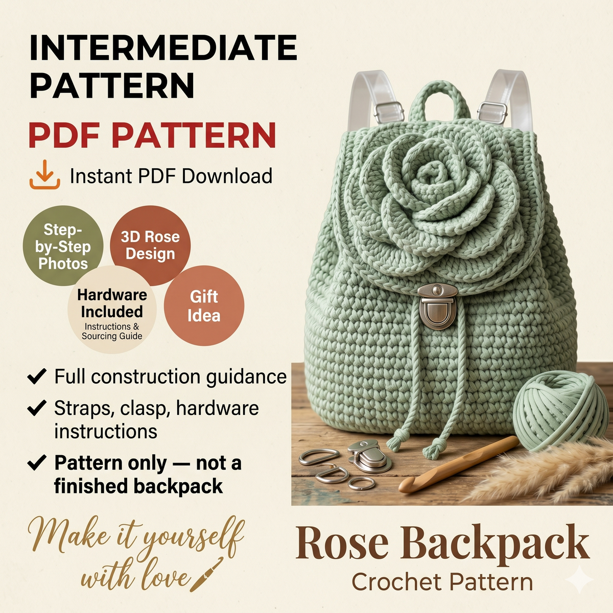 Crochet Rose Backpack Pattern | DIY Handmade Backpack | Crochet Rose Bag Tutorial | Instant Download Pattern