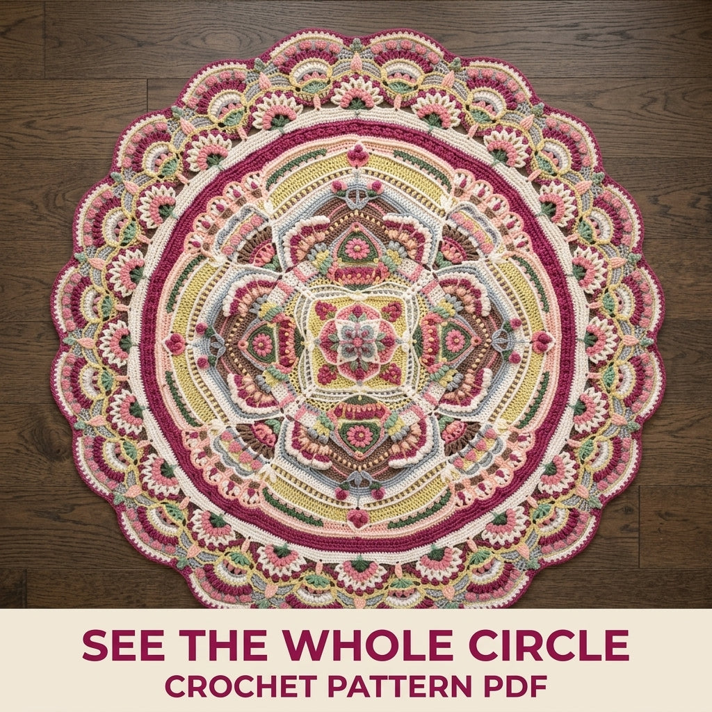 Rose Garden Round Blanket Pattern PDF – Rose Garden Mandala with Scalloped Fan Border