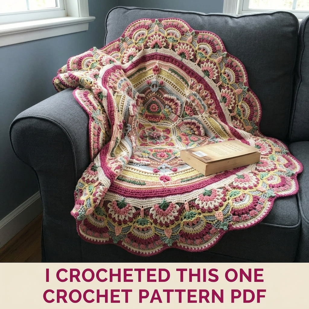 Rose Garden Round Blanket Pattern PDF – Rose Garden Mandala with Scalloped Fan Border
