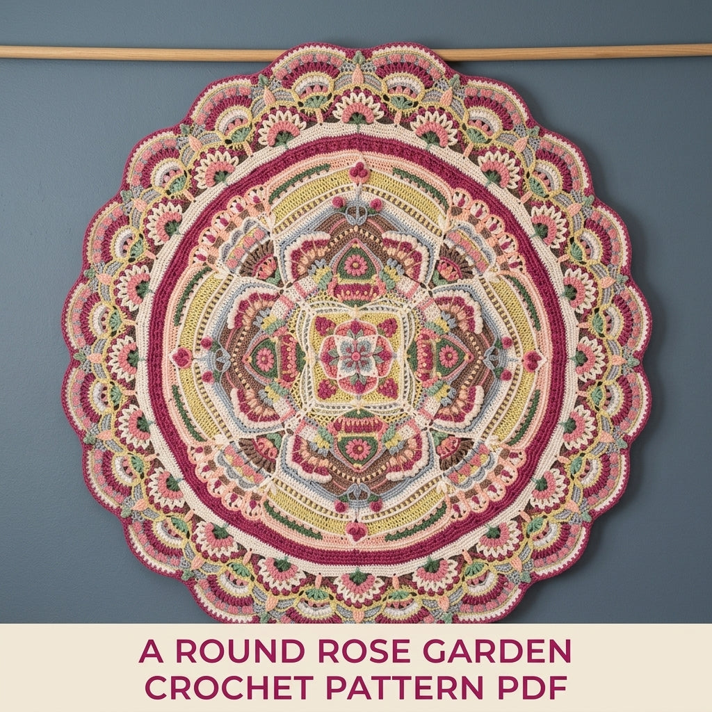 Rose Garden Round Blanket Pattern PDF – Rose Garden Mandala with Scalloped Fan Border