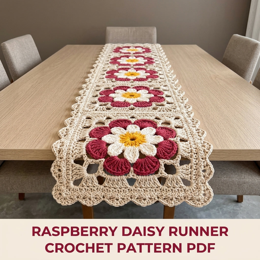 Raspberry Daisy Lace Table Runner Crochet Pattern PDF – Chunky Cord Runner