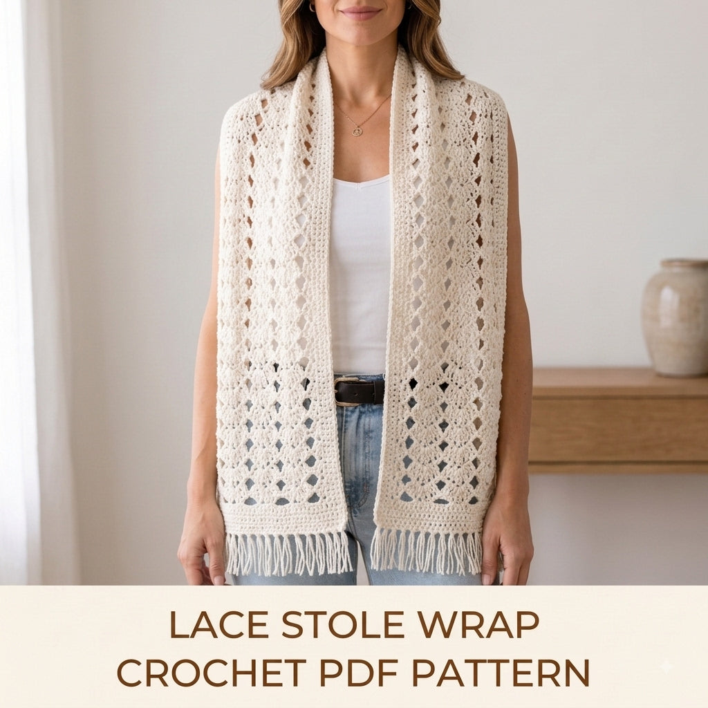 Lace Stole Wrap Crochet Pattern PDF – Long Diamond Lace Scarf Shawl with Fringe