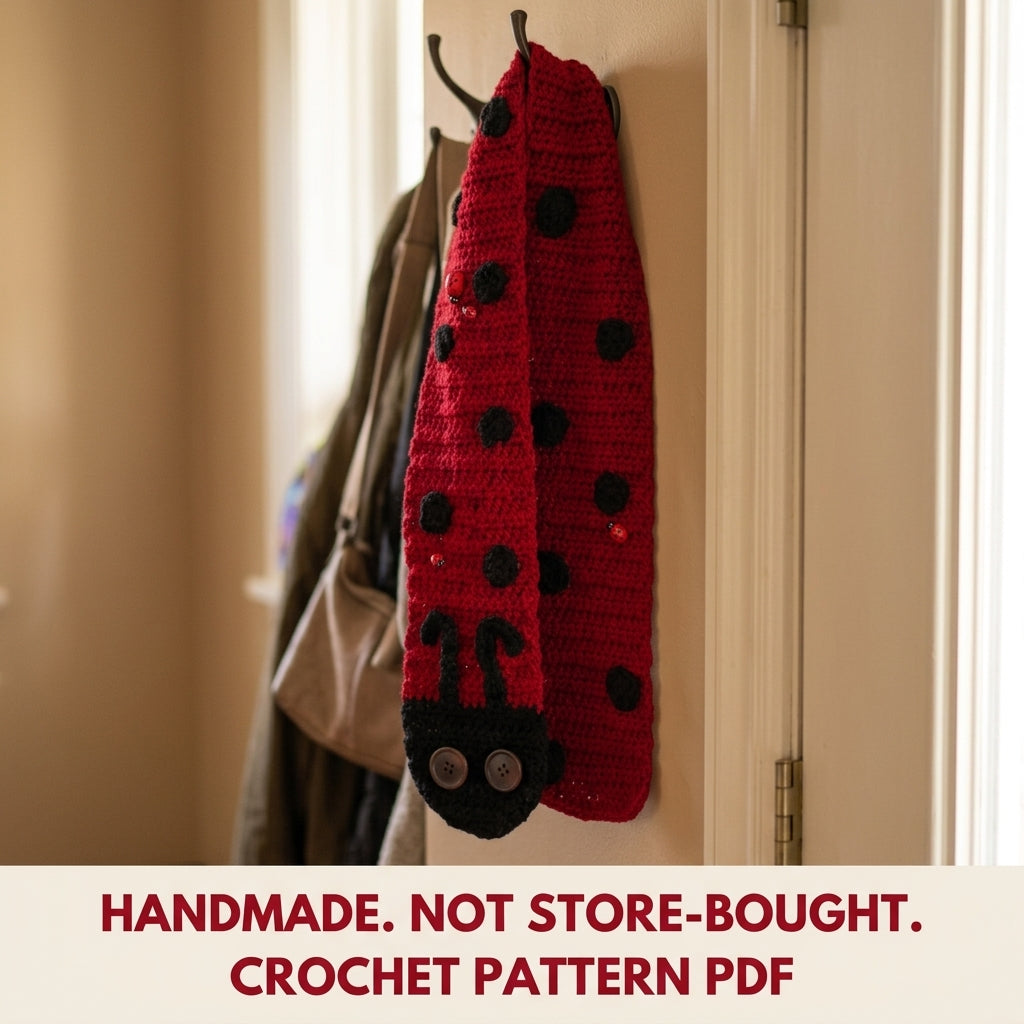 Ladybug Scarf Crochet Pattern PDF – Fun Kids Scarf with Button Eyes and Spots