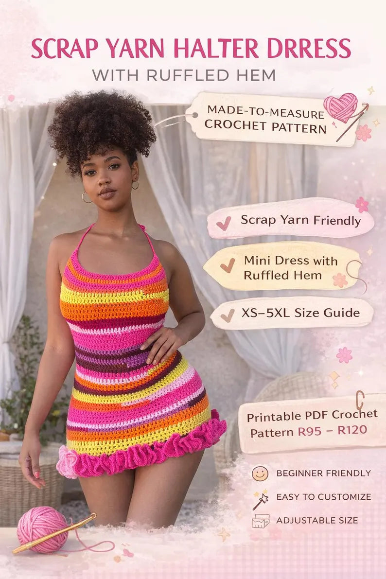Scrap Yarn Halter Dress Crochet Pattern | Ruffle Hem Mini Dress | Made-to-Measure PDF