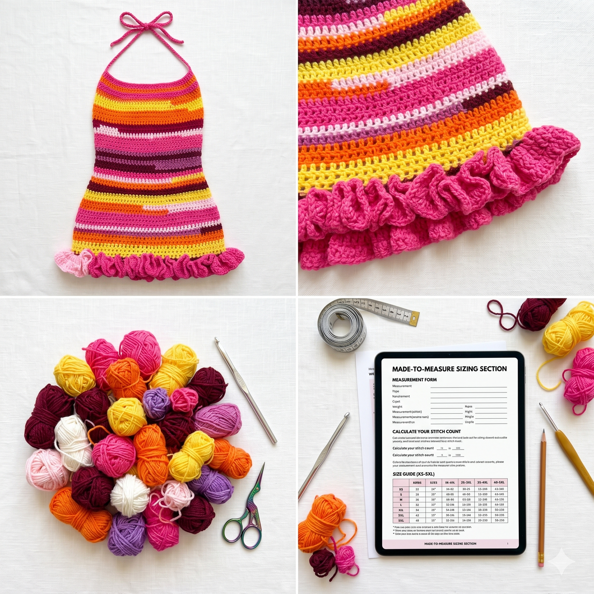 Scrap Yarn Halter Dress Crochet Pattern | Ruffle Hem Mini Dress | Made-to-Measure PDF