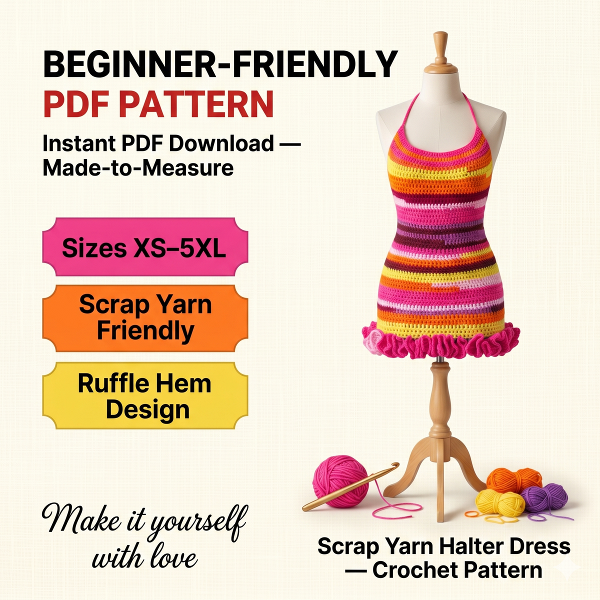 Scrap Yarn Halter Dress Crochet Pattern | Ruffle Hem Mini Dress | Made-to-Measure PDF