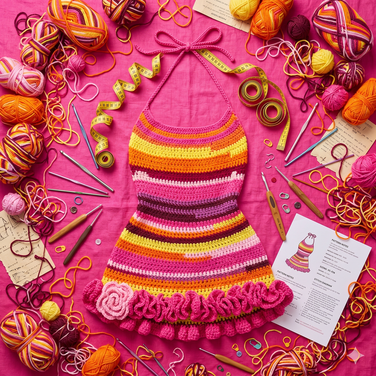 Scrap Yarn Halter Dress Crochet Pattern | Ruffle Hem Mini Dress | Made-to-Measure PDF