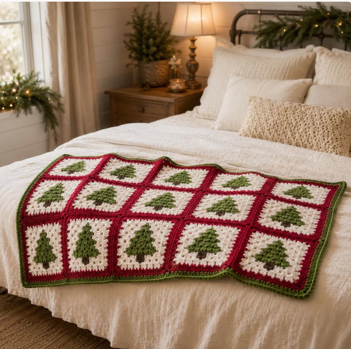 Christmas Tree Granny Square Blanket Crochet Pattern — Festive Throw in Red, Green and Cream, 4 Sizes, US Terms, PDF Download