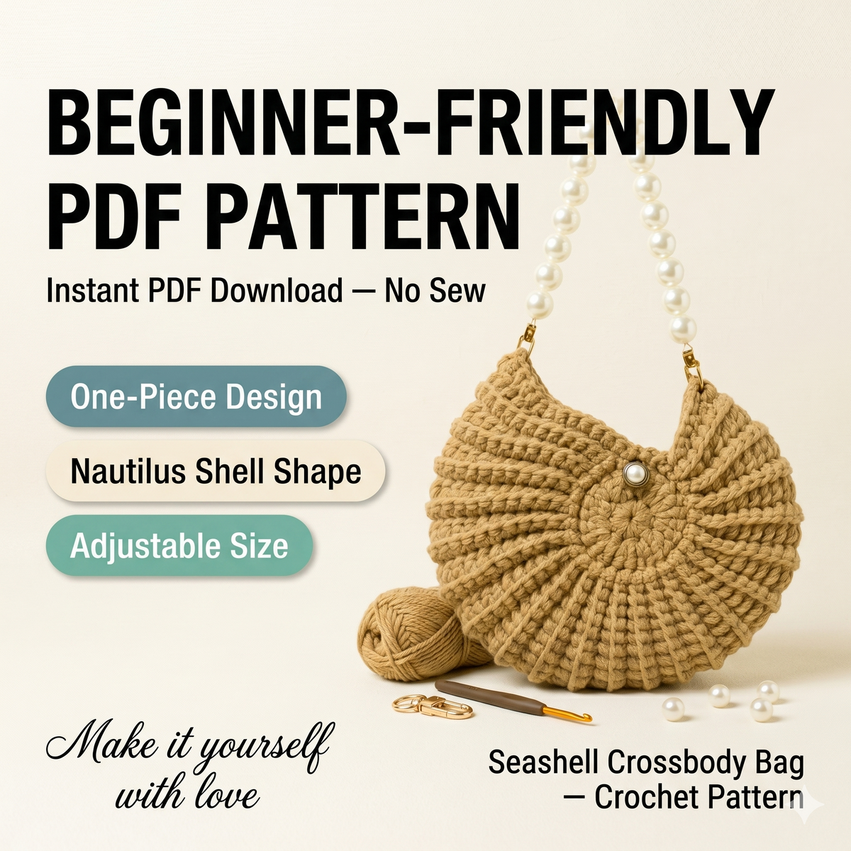 Seashell Crochet Bag Pattern | Nautilus Shell Crossbody Purse PDF (No Sew)