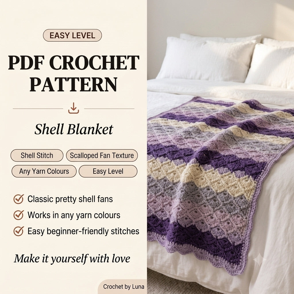 Shell Stitch Crochet Blanket Pattern PDF – Easy Purple Throw with Scalloped Border