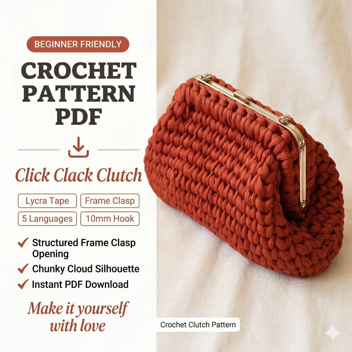 Easy Crochet Clutch Pattern with Frame | Beginner Click Clack Bag | Small Structured Purse PDF Tutorial