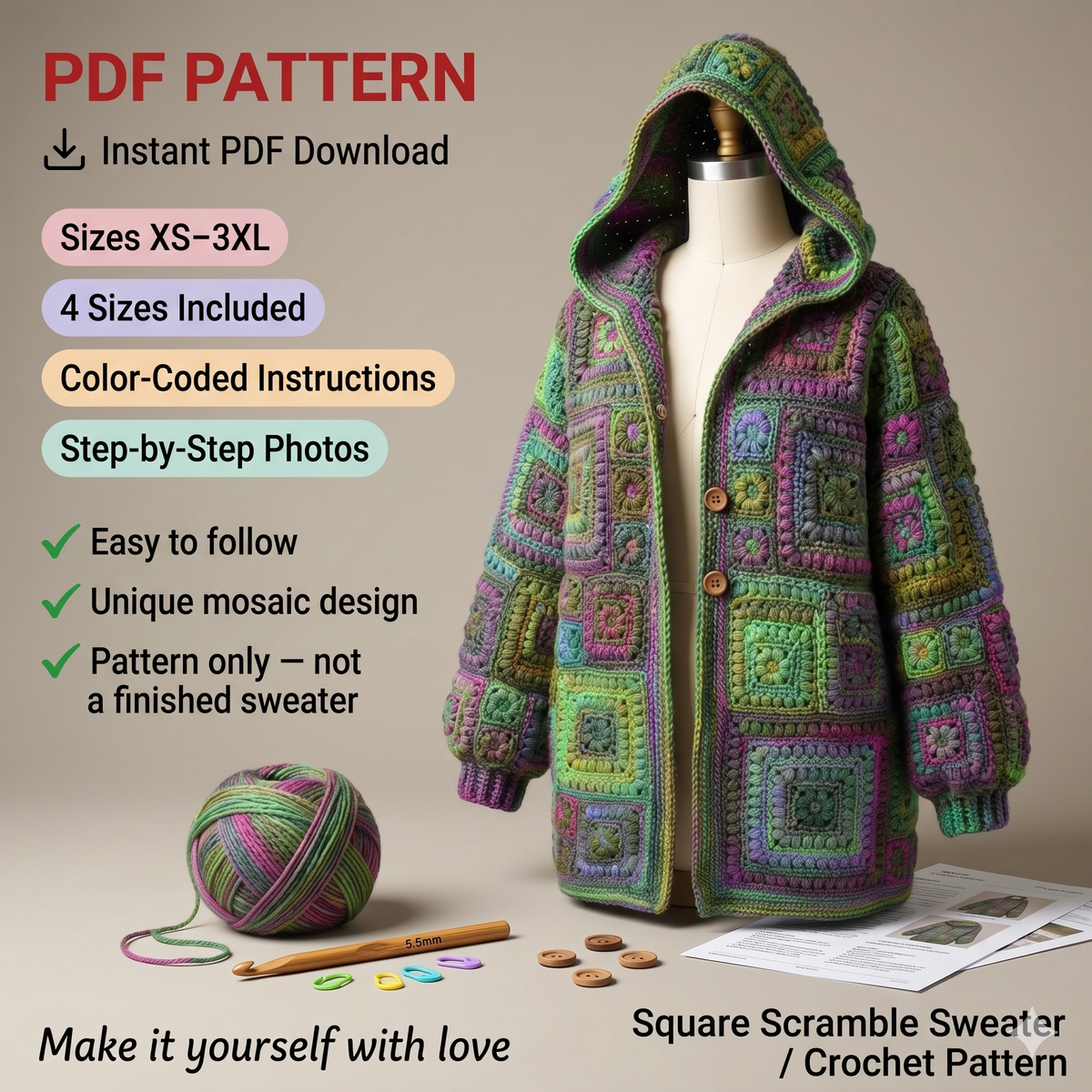 CROCHET PATTERN - Square Scramble Sweater - crochet pattern for granny square cardigan sweater with hood (sizes | xs - 3xl) - PDF Download