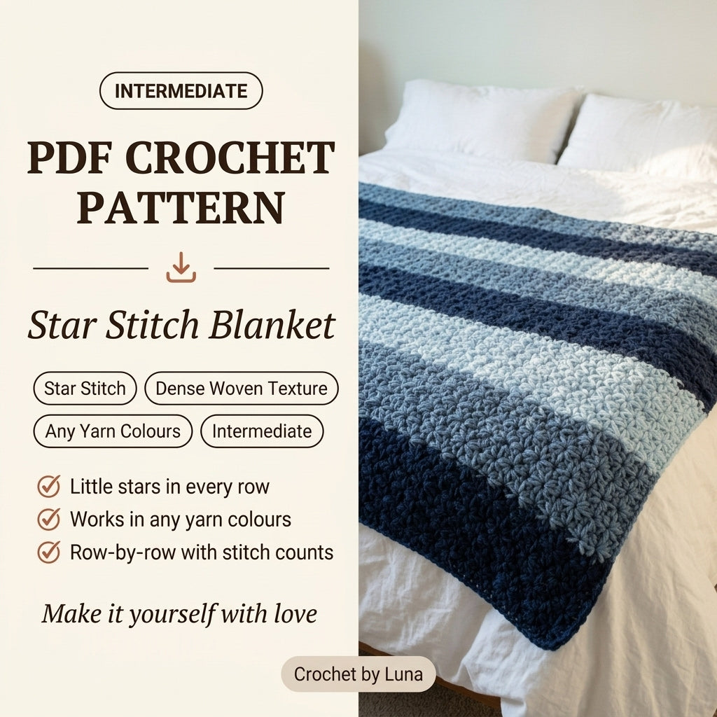 Star Stitch Crochet Blanket Pattern PDF – Textured Striped Throw in Navy and Blue