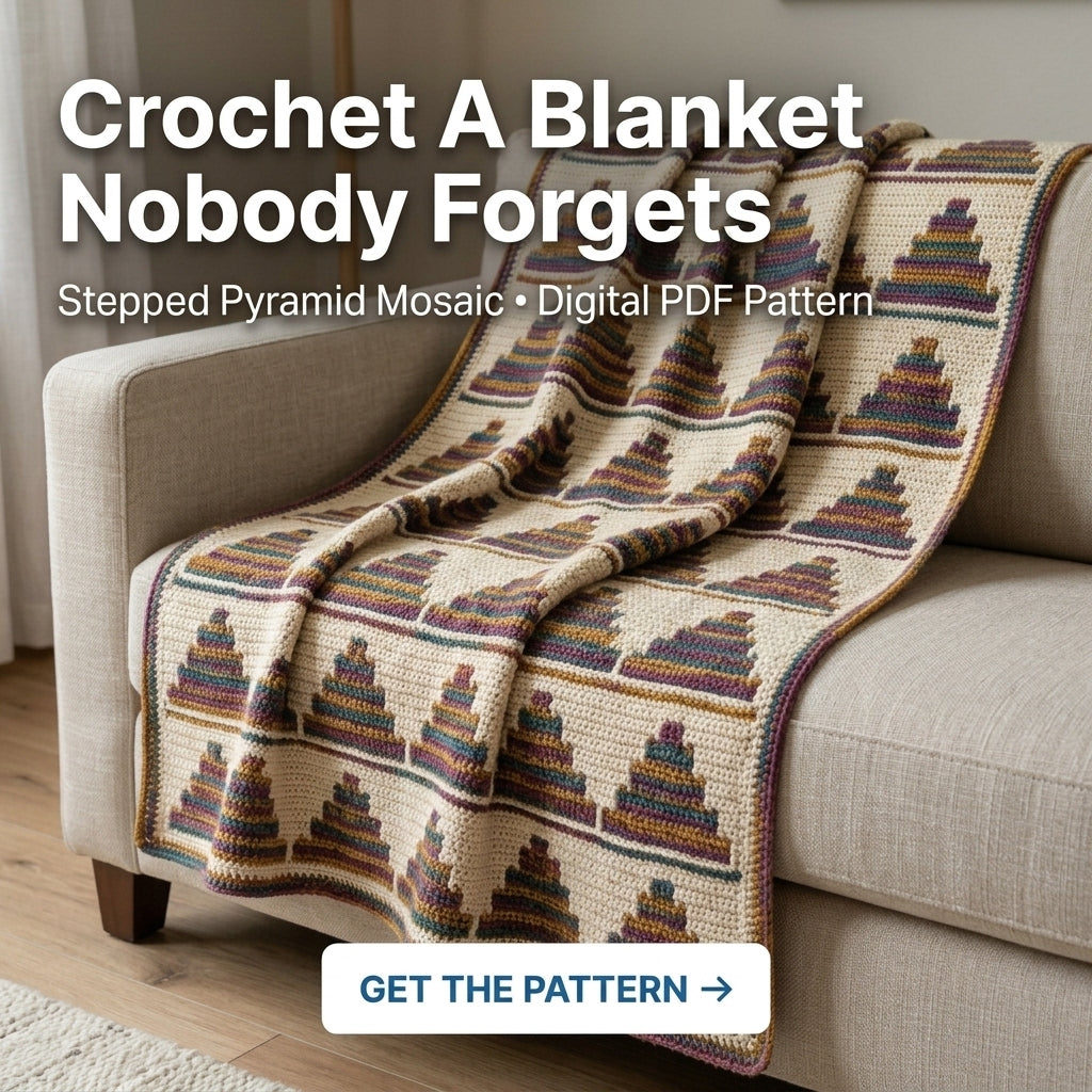 Stepped Pyramid Mosaic Crochet Blanket Pattern PDF – Striped Triangle Throw in Plum, Mustard and Teal