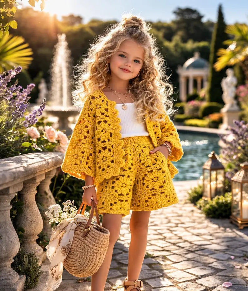 Crochet Summer Outfit Pattern Kids Granny Square Set Cardigan Shorts Boho Clothing