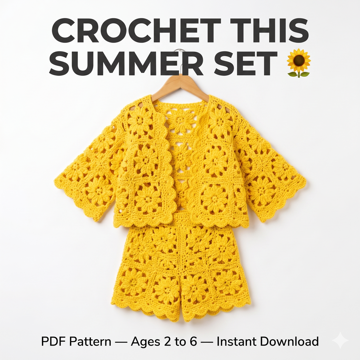 Crochet Summer Outfit Pattern Kids Granny Square Set Cardigan Shorts Boho Clothing