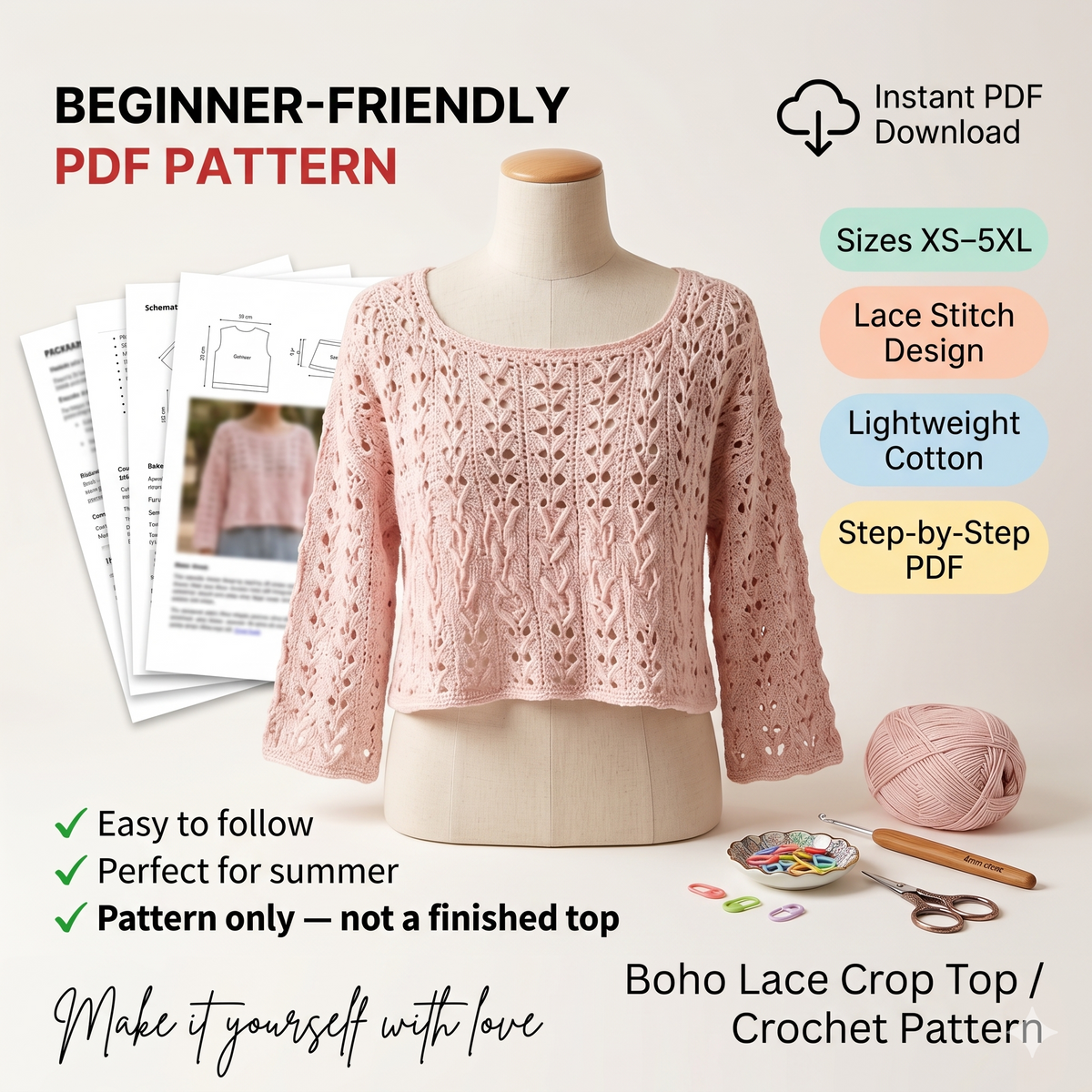 Crochet Crop Top Pattern PDF, Boho Lace Crochet Top, Summer Crochet Sweater, Womens Crochet Blouse Pattern, Easy DIY Top
