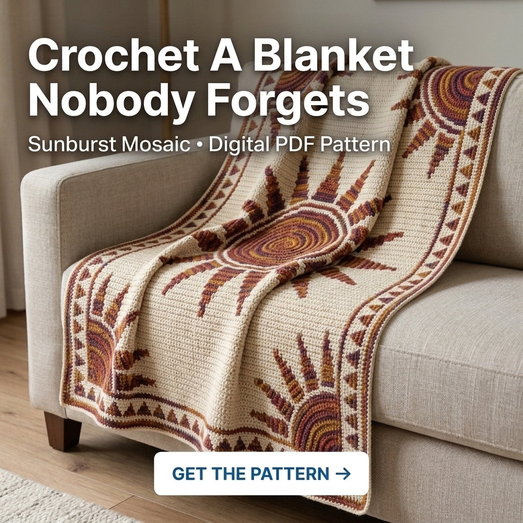 Sunburst Mosaic Crochet Blanket Pattern PDF – Sun Throw in Rust, Mustard and Plum with Triangle Border