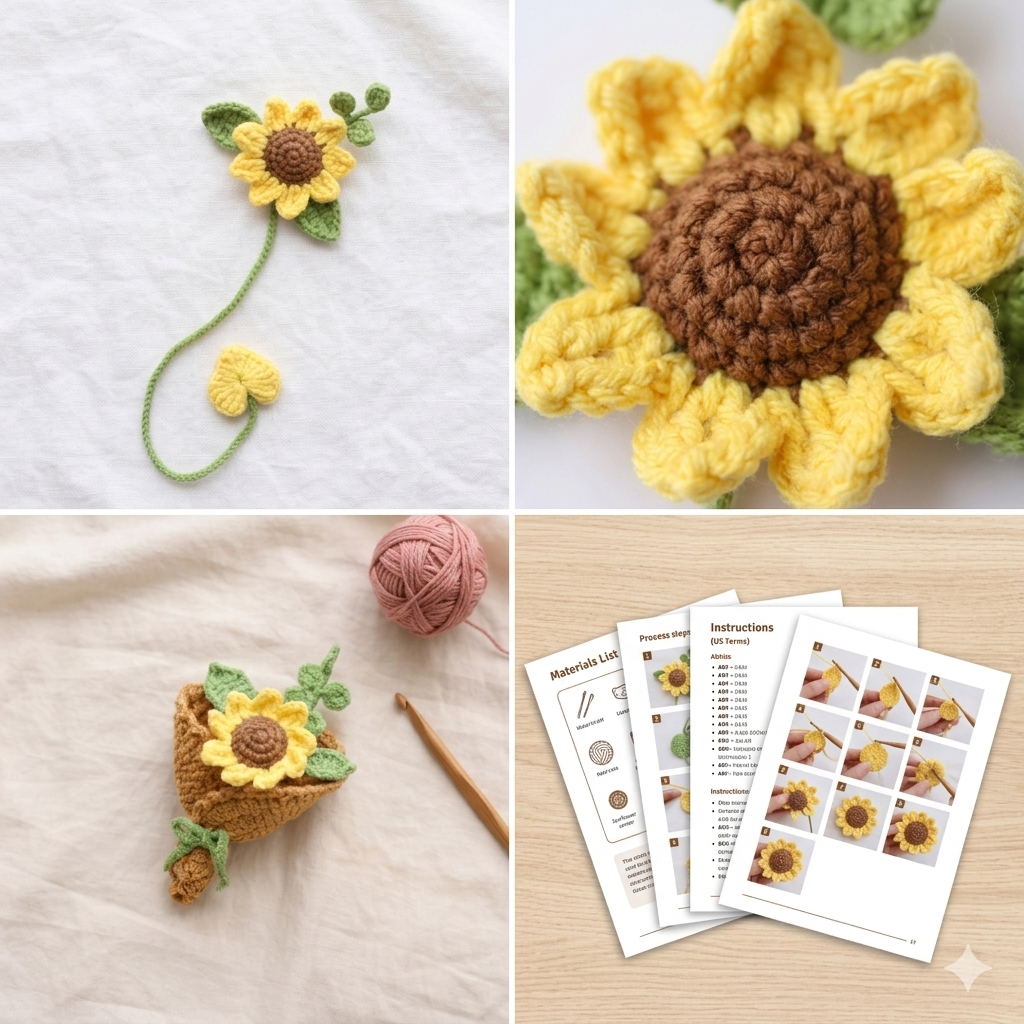 Crochet Sunflower Bookmark & Mini Bouquet Pattern, Book Lover Gift, Teacher Gift, Sunflower Lover Gift, Mother’s Day Gift