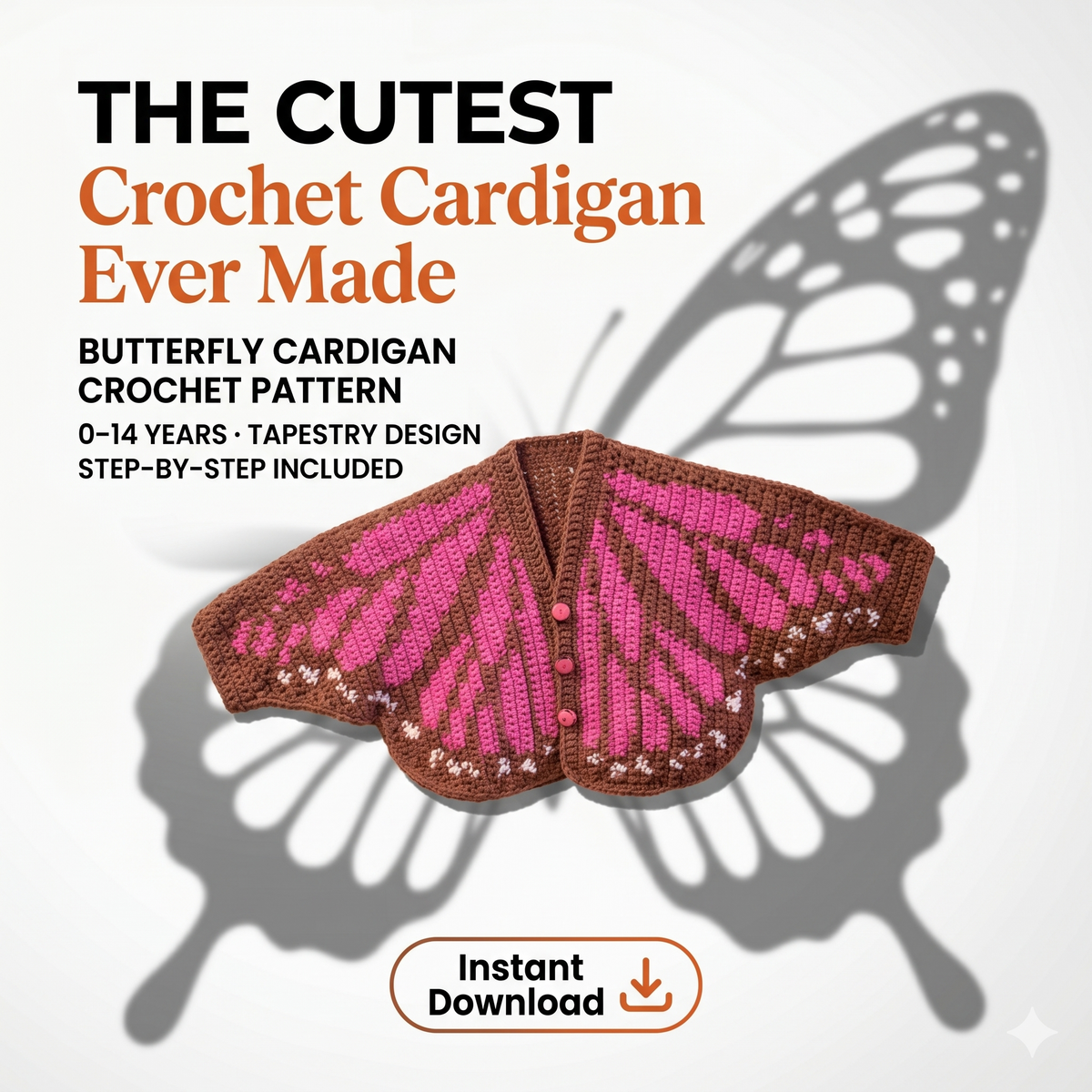 Crochet Butterfly Cardigan: Tapestry Chart, Newborn to 14 Years (PDF Pattern)