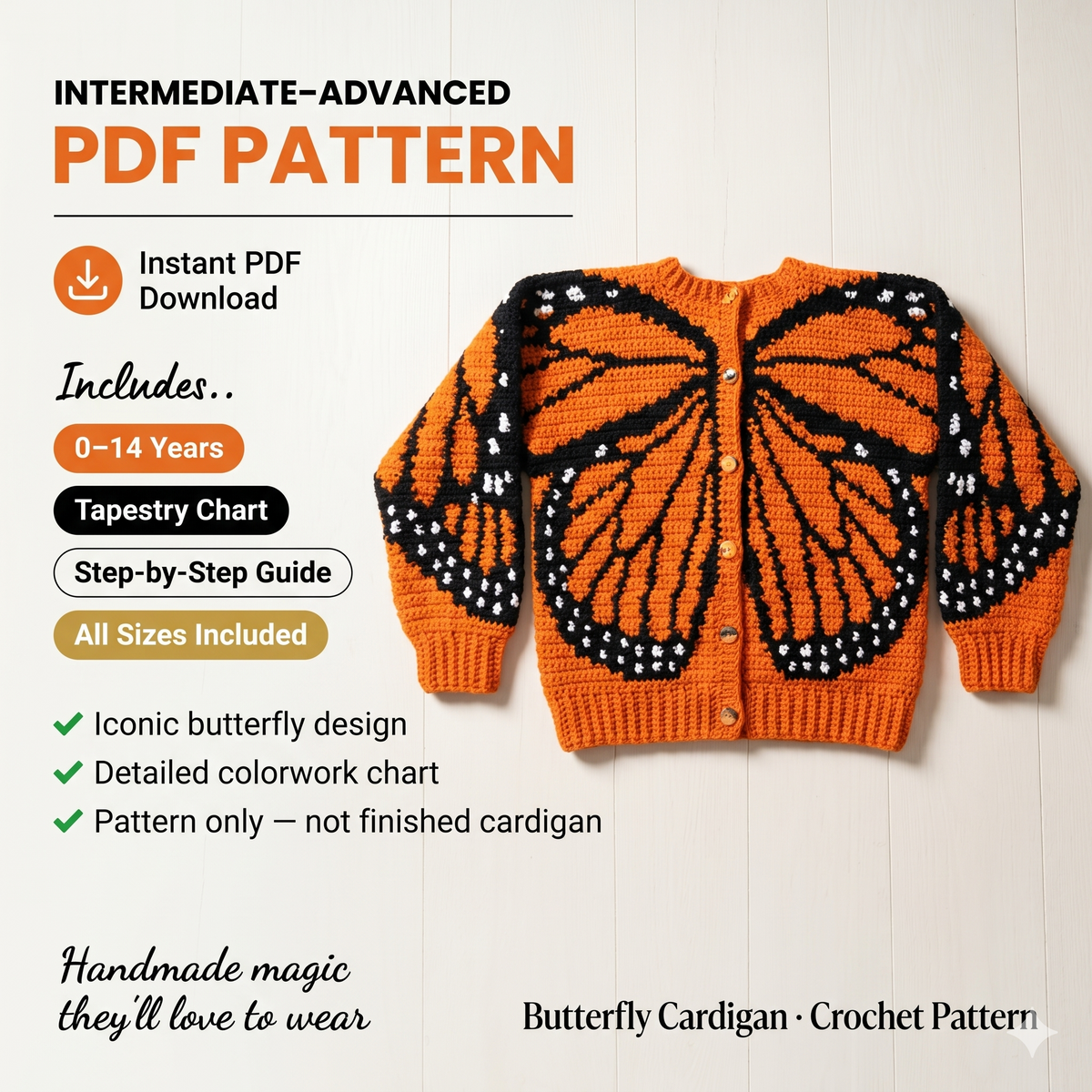 Crochet Butterfly Cardigan: Tapestry Chart, Newborn to 14 Years (PDF Pattern)